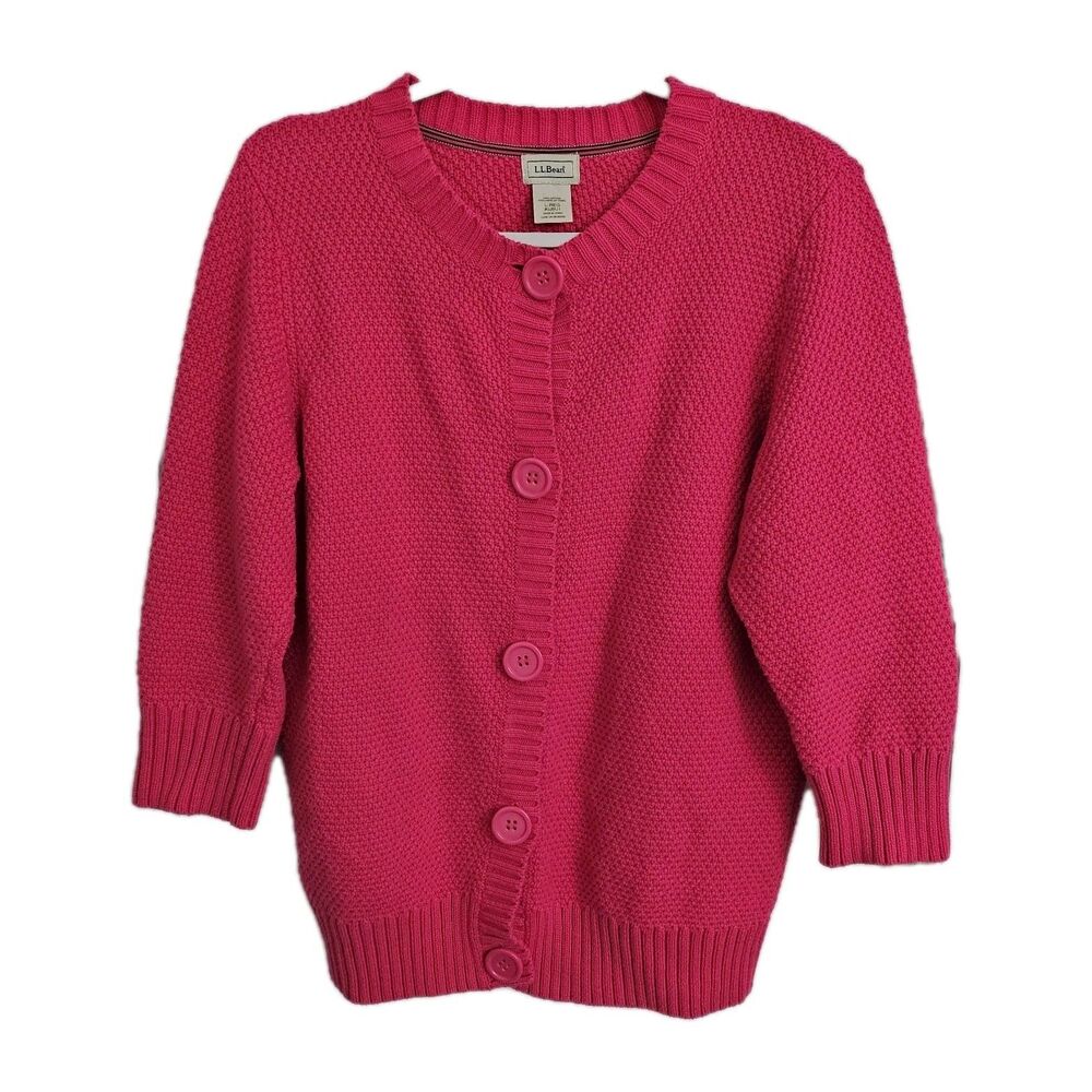 LL Bean Cardigan Sweater Womens Large Pink Knit Button Front 3/4‎ Sleeves Cotton